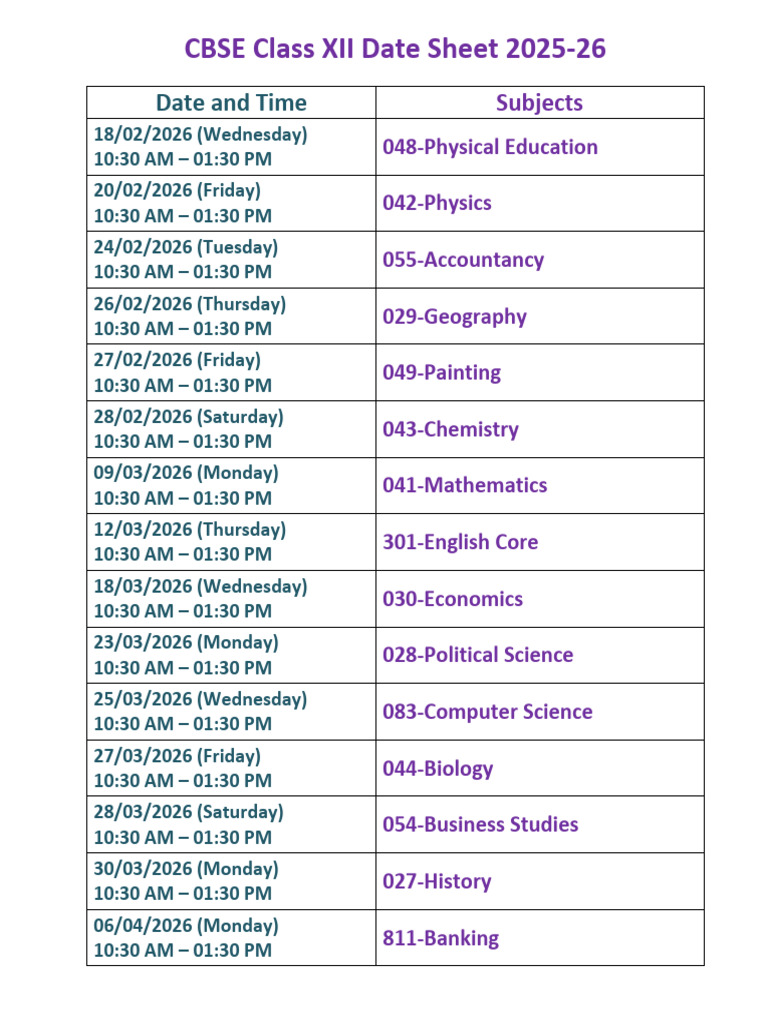 CBSE Class 12 Date Sheet 2025-26 | PDF