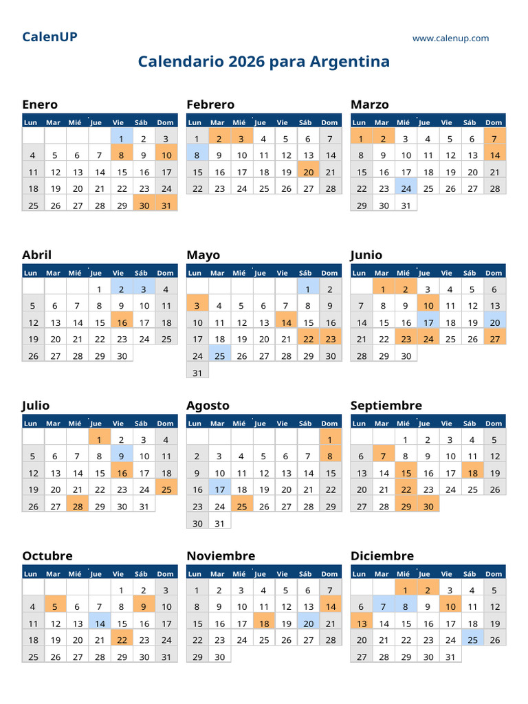 Calendario 2026 Argentina con Feriados | PDF | Argentina
