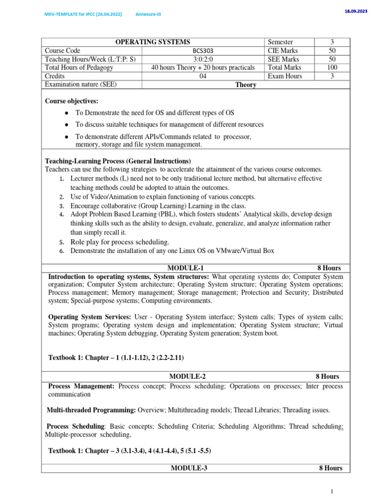 Operating Systems Course Outline BCS303 | PDF | Process (Computing ...
