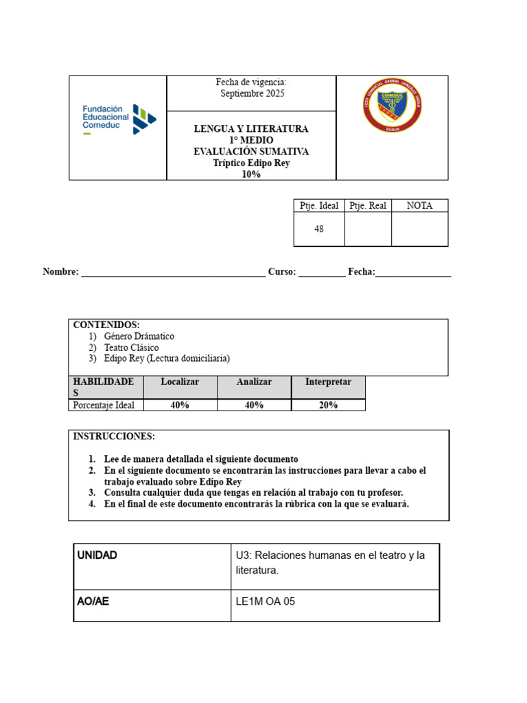 Evaluación Tríptico Edipo Rey 1° Medio | PDF | Teatro | Diseño