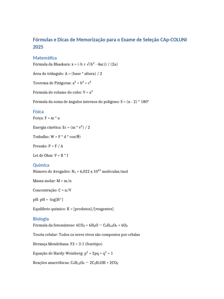 Fórmulas e Dicas de Estudo para CAp-COLUNI | PDF