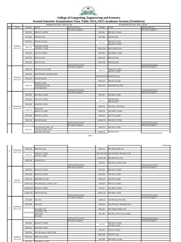 2024/2025 Exam Timetable Overview | PDF