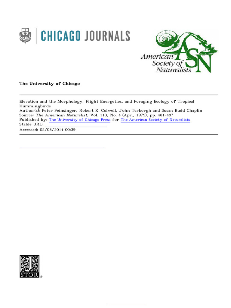 Elevation and The Morphology, Flight Energetics, and Foraging Ecology ...