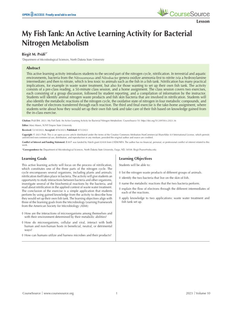 Nitrification in Fish Tanks: Active Learning | PDF | Metabolism | Biology