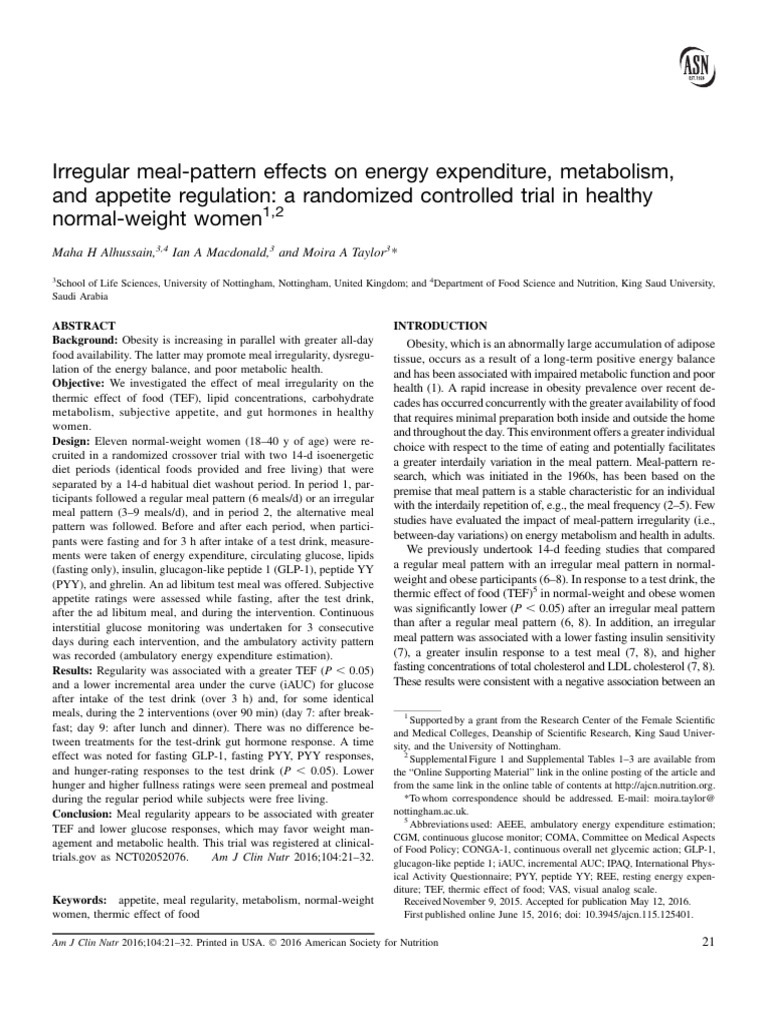Irregular Meal Pattern Effects On Energy Expenditure M - 2016 - The ...