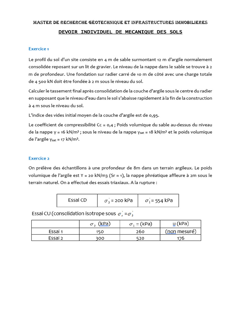 Mécanique des sols : exercices pratiques | PDF | Mécanique des sols ...