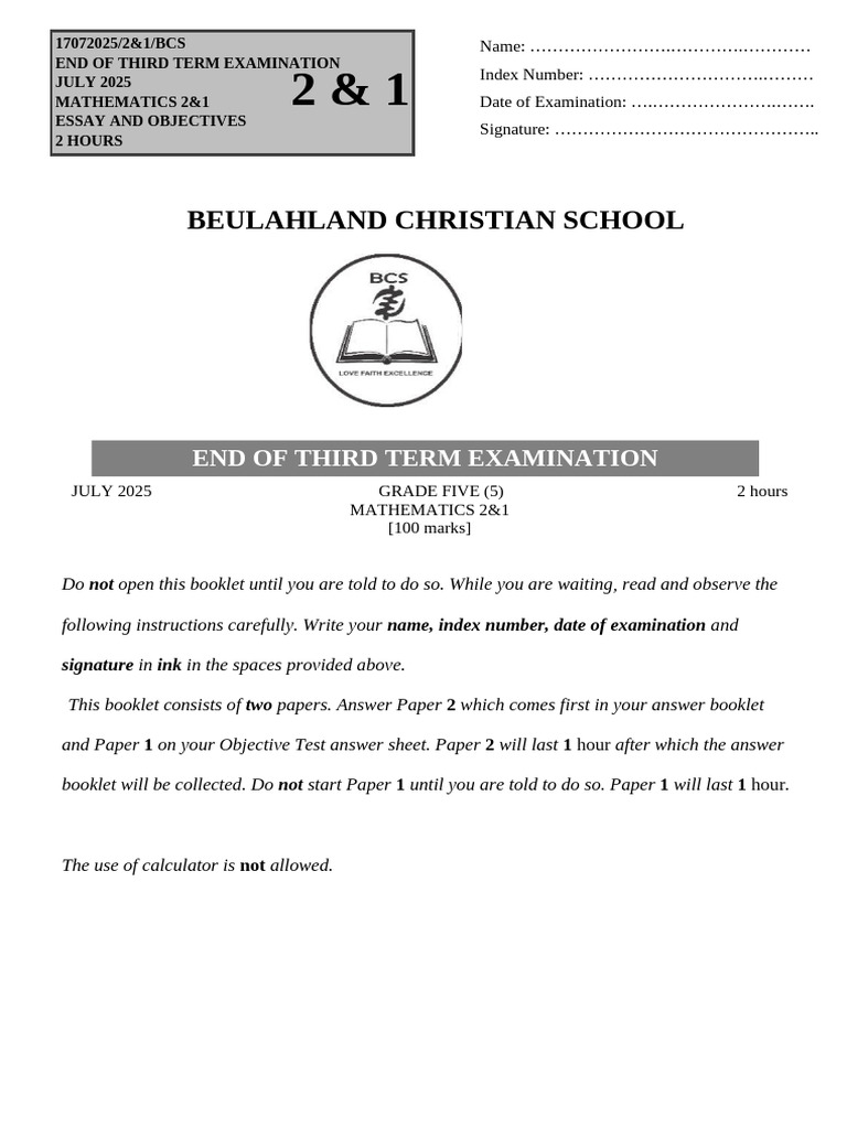 Grade 5 Mathematics Exam July 2025 | PDF | Arithmetic | Mathematics