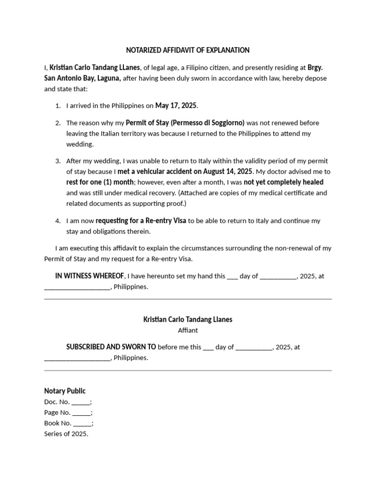 Notarized Affidavit for Re-entry Visa | PDF
