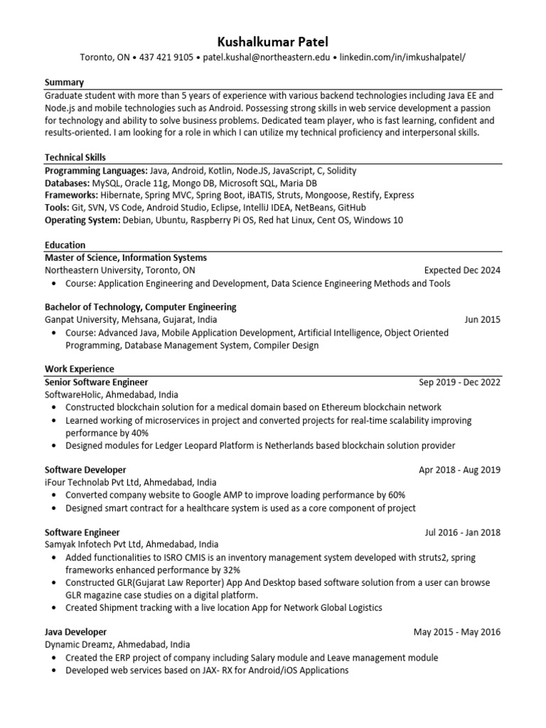 KushalkumarPatel Resume 1 | PDF | Android (Operating System) | Java ...
