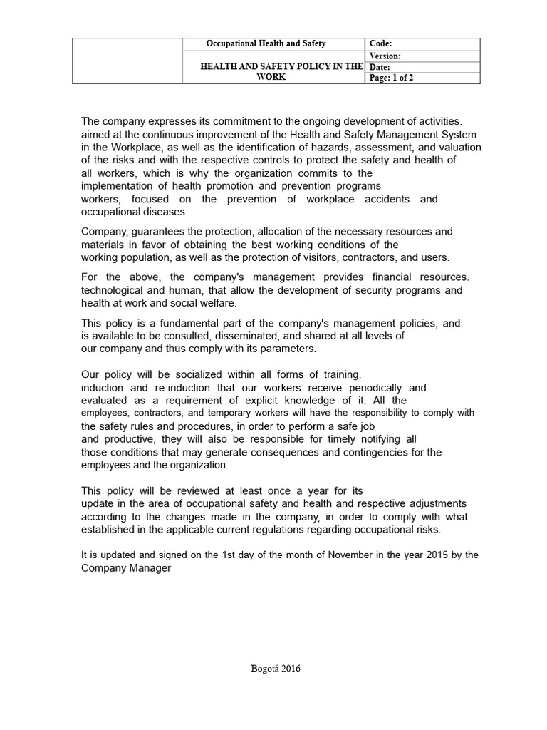 Workplace Health and Safety Policy | PDF | Occupational Safety And ...