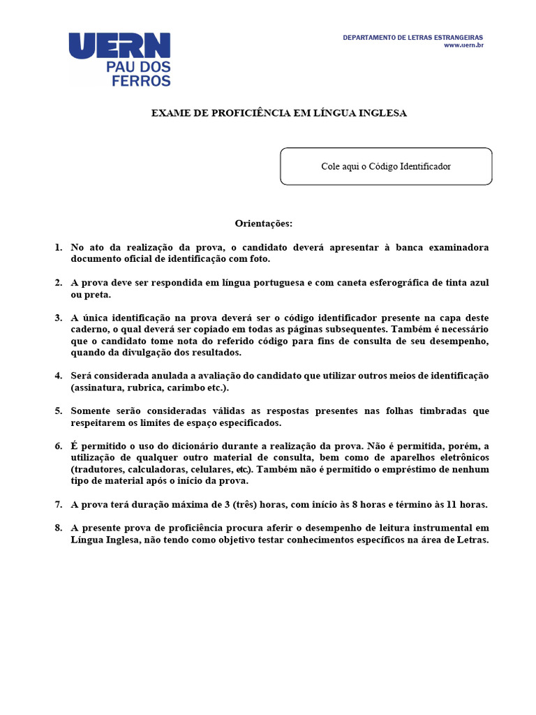 Prova Proficiencia 2024.1 Versao Final | PDF