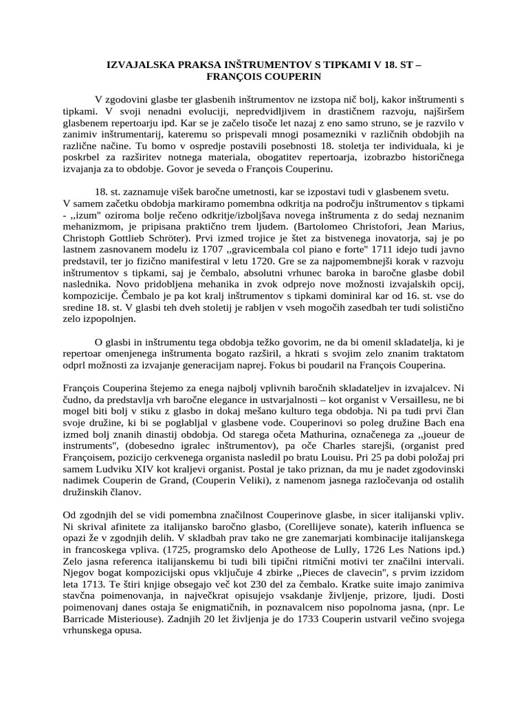 Izvajalska Praksa Inštrumentov S Tipkami V 18. ST - François Couperin | PDF