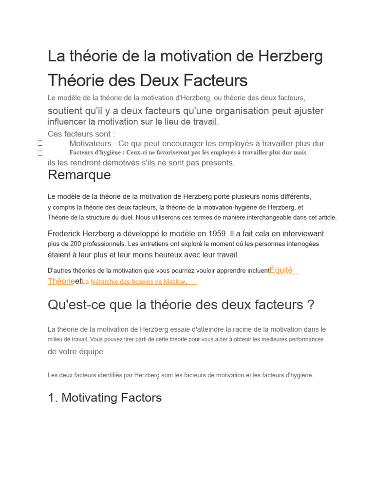Théorie de la motivation d'Herzberg | PDF | Motivation | Motivant