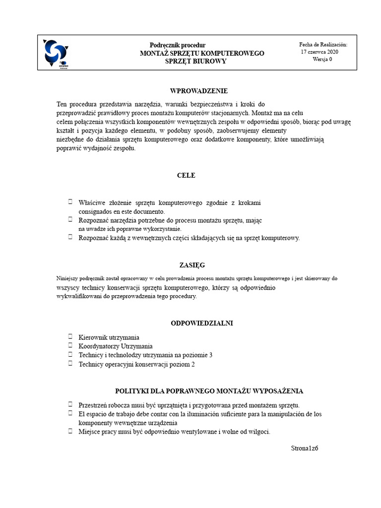 Podręcznik Procedur Montażu Sprzętu Komputerowego | PDF