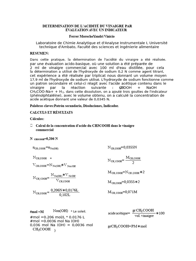 Détermination de l'acidité du vinaigre PDF Titrage Chimie — free download