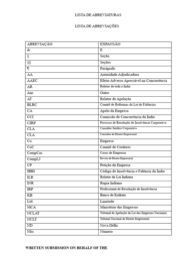 LISTA DE ABREVIATURAS | PDF | Insolvência | Falência