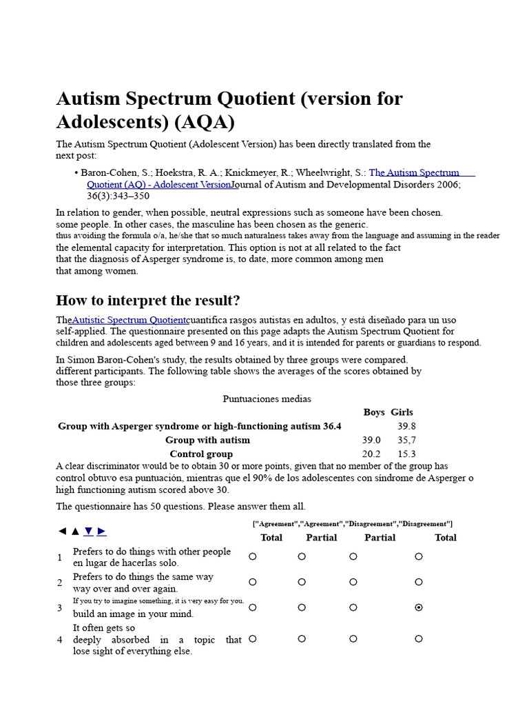 Adolescent Autism Spectrum Quotient Test | PDF | Autism | Asperger Syndrome