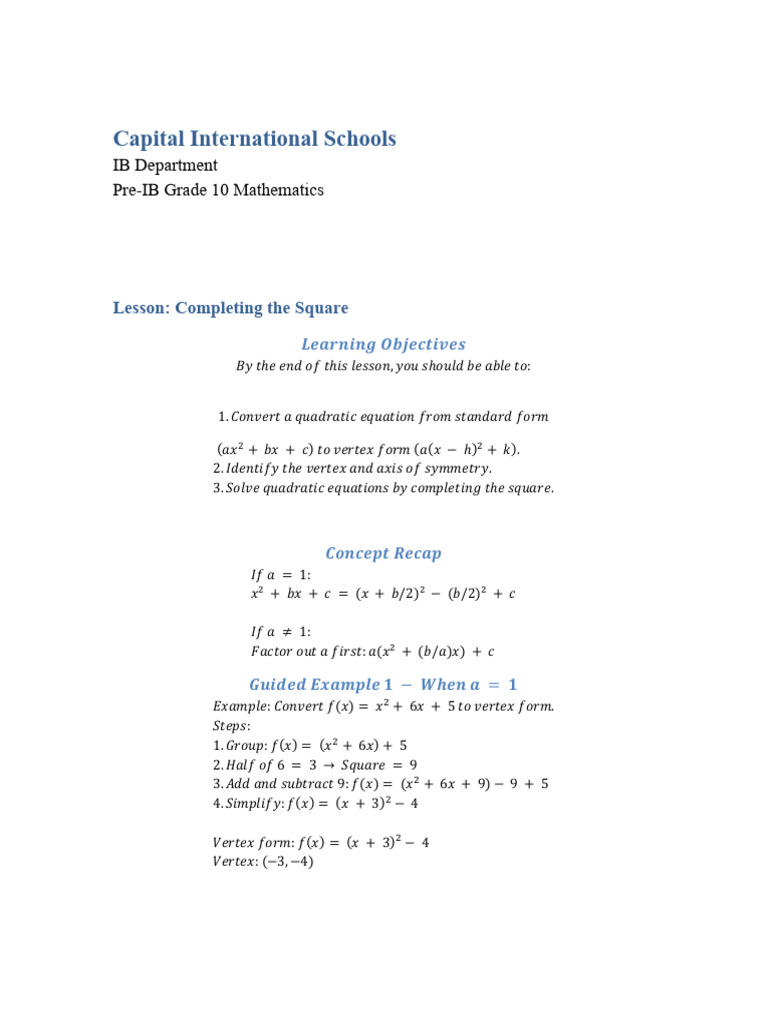 Completing The Square Lesson Plan | PDF | Chess | Chess Theory