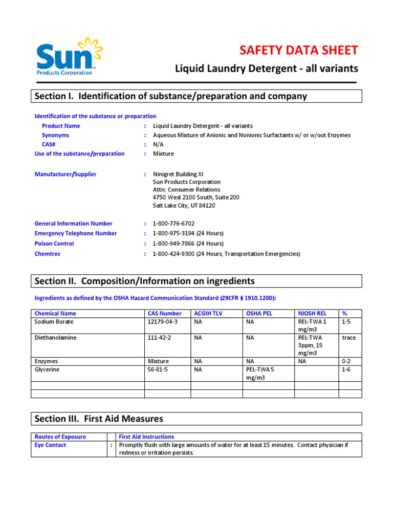 Liquid Laundry Detergent Safety Data Sheet | PDF