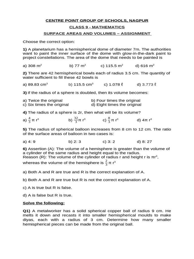 Class 9 Math: Surface Areas & Volumes Assignment | PDF | Sphere ...