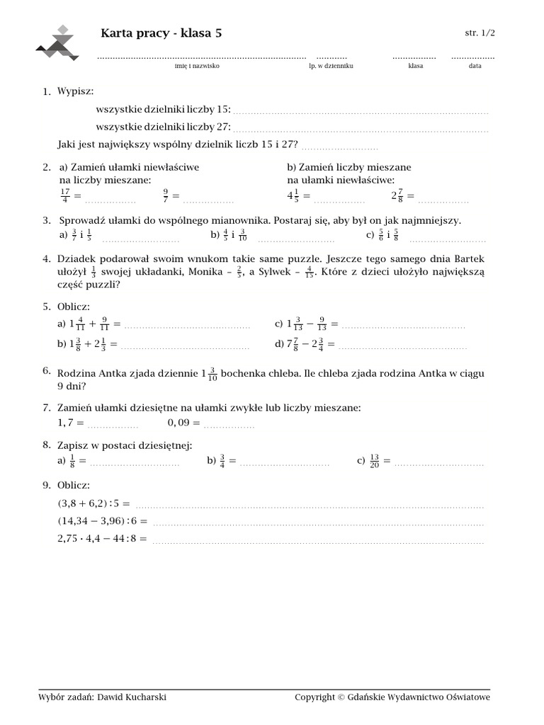 Karta Pracy Klasa 5 | PDF