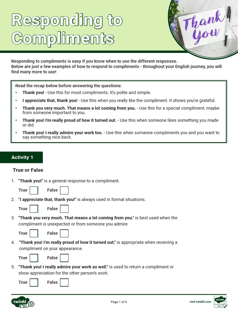 T 1723670476 Esl Responding To Compliments Activity Sheet Adults A2 Ver ...