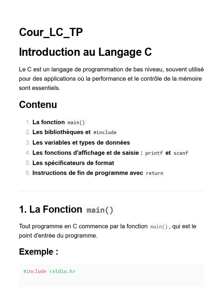 Introduction au Langage C et Fonctions | PDF | Structure de contrôle ...