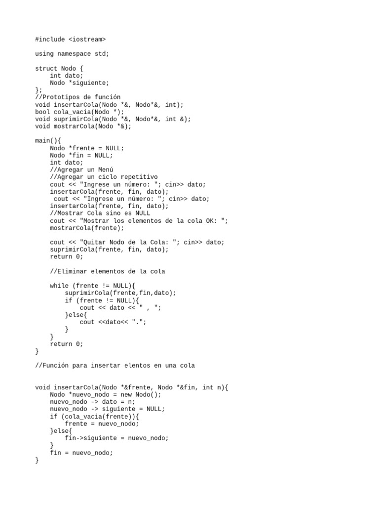 Implementación de Cola en C++ | PDF