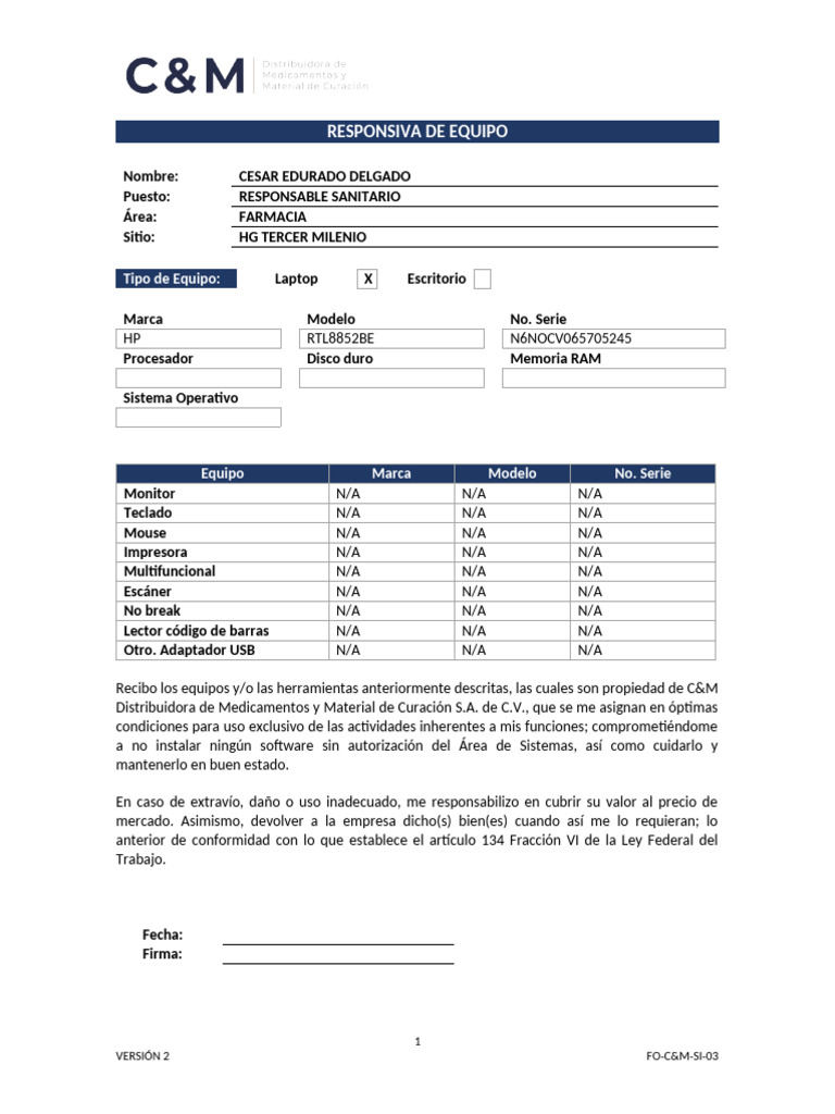 Guardado Con Autorrecuperación de FO-C&M-SI-03 - Responsiva - Equipos | PDF