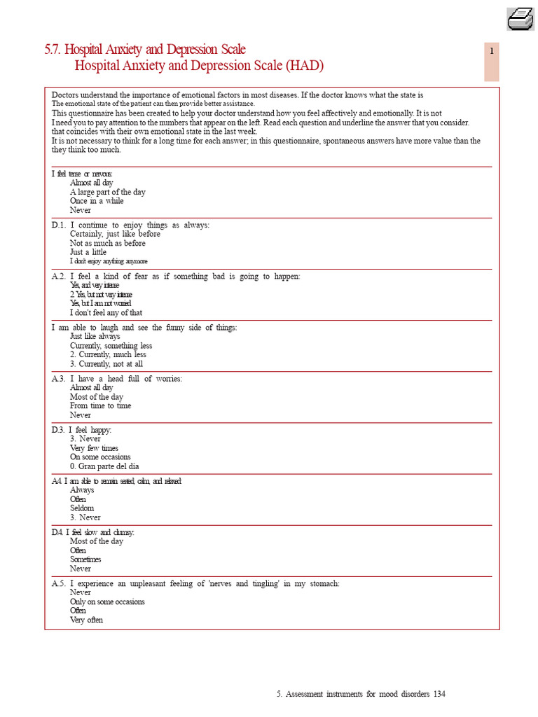 Hospital Anxiety and Depression Scale Guide | PDF | Major Depressive ...