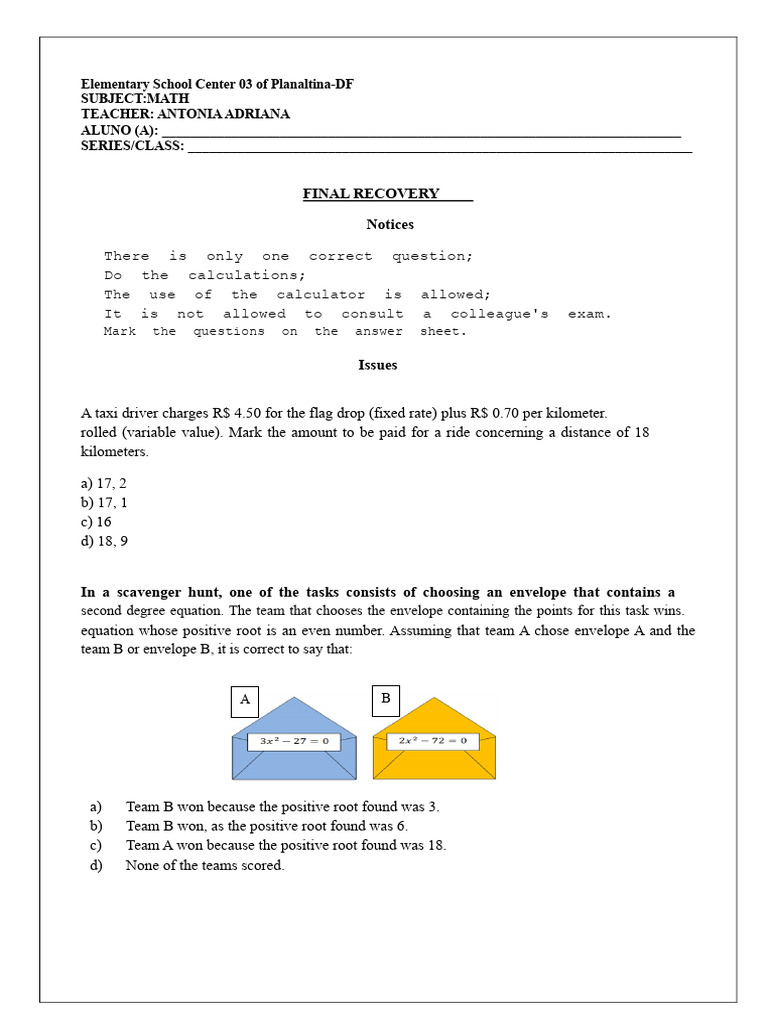Mathematics Exam 9th Grade - Final | PDF | Mathematical Concepts ...