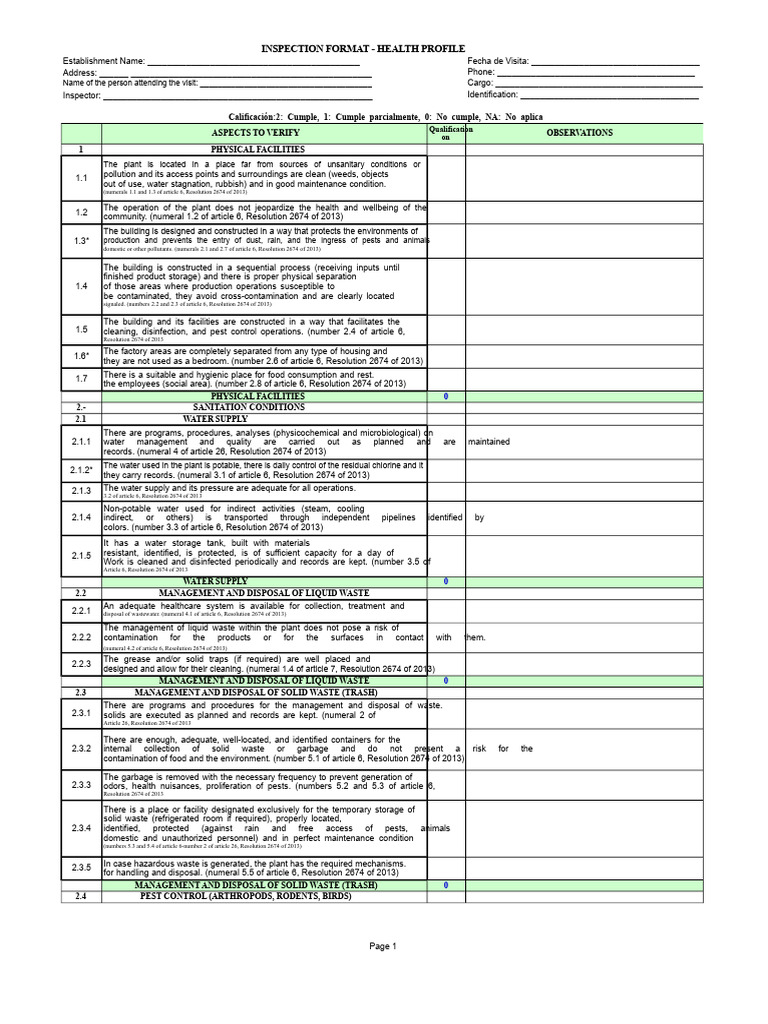 Health Profile Inspection Format | PDF | Waste Management | Waste
