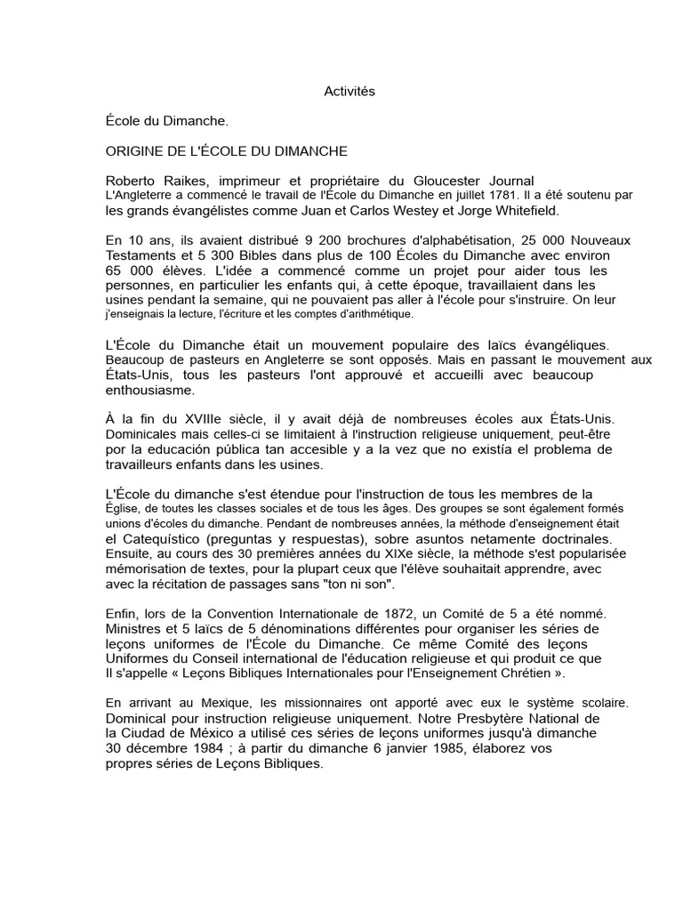 Histoire de l'École du Dimanche | PDF | École du dimanche