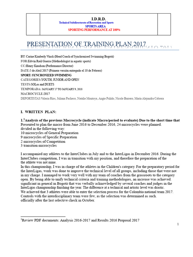 2017 Synchronized Swimming Training Plan | PDF | Physical Fitness ...