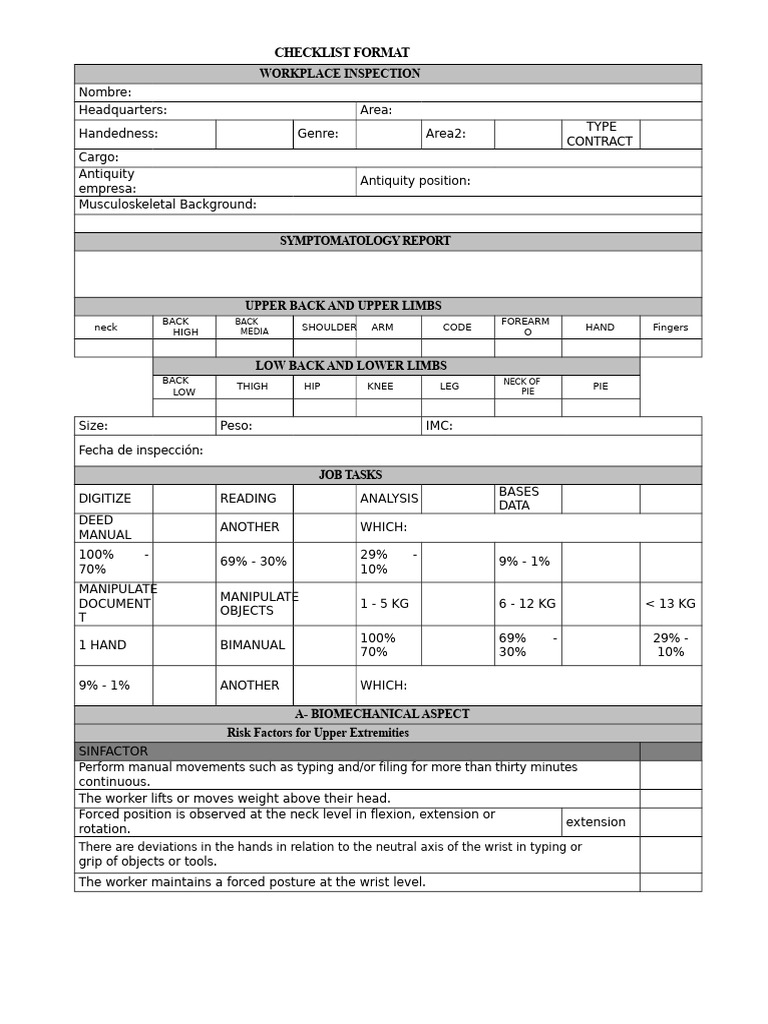 Workplace Inspection Checklist Guide | PDF | Limbs (Anatomy ...