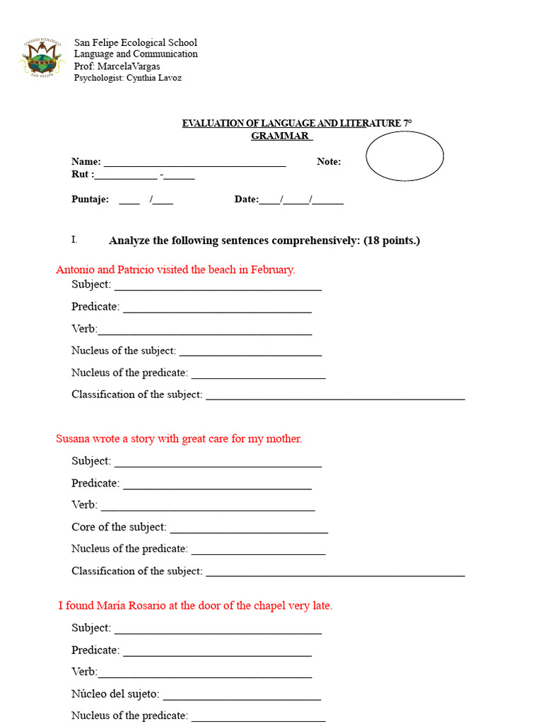 Language Evaluation for 7th Grade Students | PDF | Syntax | Grammar
