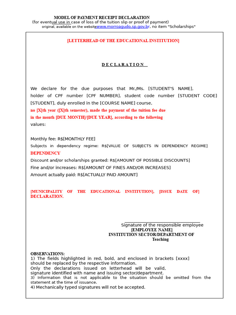 Monthly Payment Settlement Declaration Template | PDF