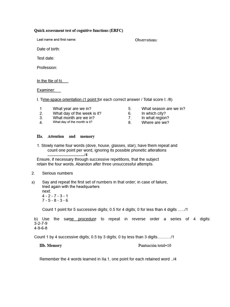 ERFC Cognitive Function Assessment Test | PDF | Memory | Cognitive Science