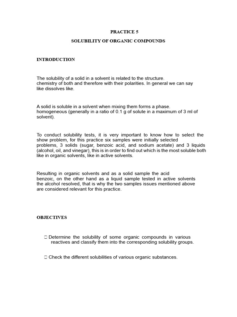 Practice 5 - Solubility of Organic Compounds | PDF | Solubility ...