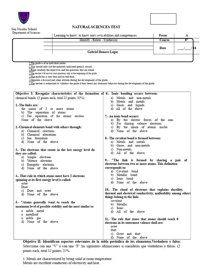 Test 8 Periodic Table of Elements | PDF | Chemical Bond | Ion
