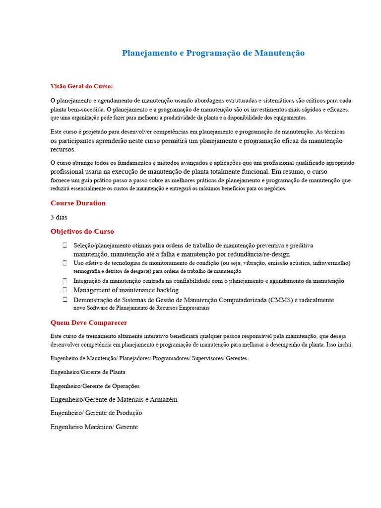 Planejamento e Programação de Manutenção | PDF | Planejamento de ...