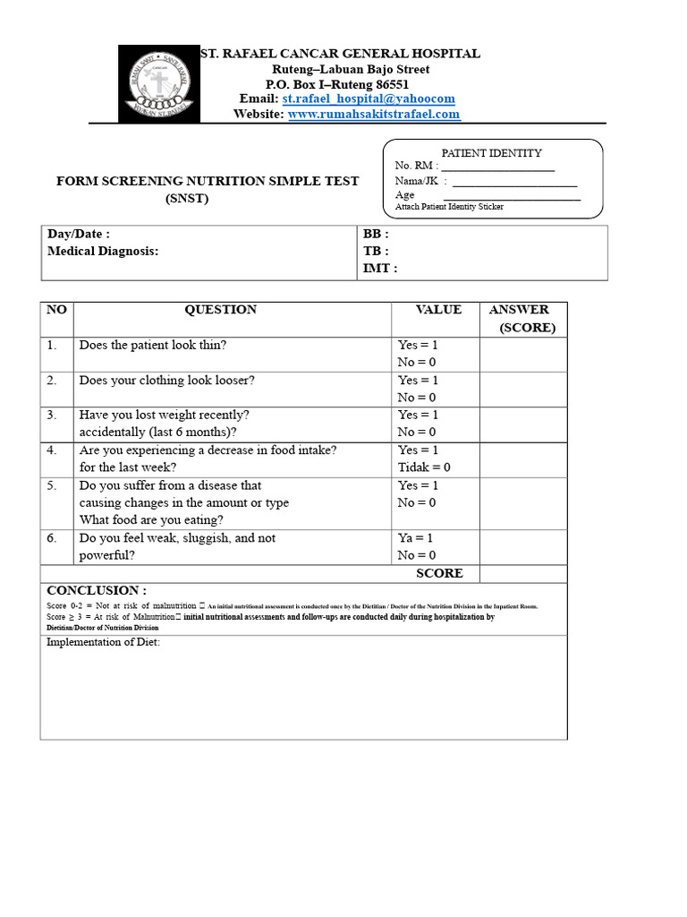 Nutrition Screening Test for Patients | PDF | Malnutrition | Diseases ...