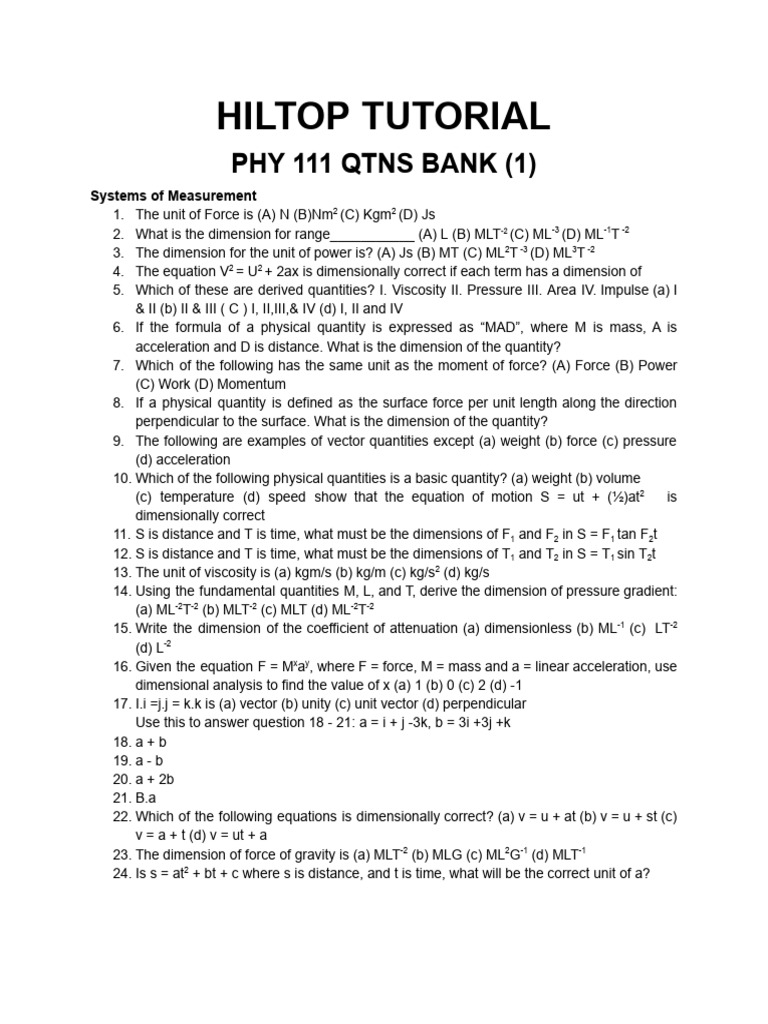 Hiltop Phy 111 Qtns Bank-1 | PDF | Force | Momentum