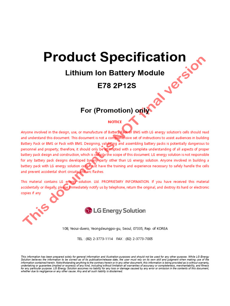 E78 2P12S Battery Module Specs | PDF | Legal Liability | Information