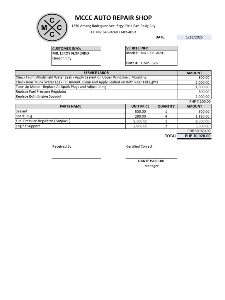 Vehicle Service Invoice for Mr. Florendo | PDF