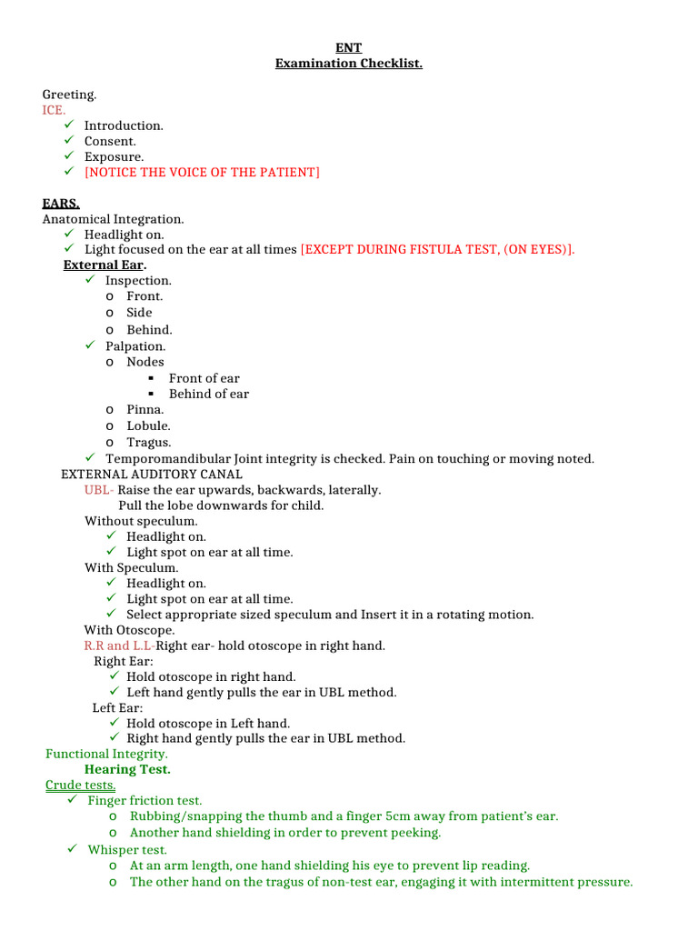 Comprehensive Ear, Nose, and Throat Exam Checklist | PDF | Human Nose ...