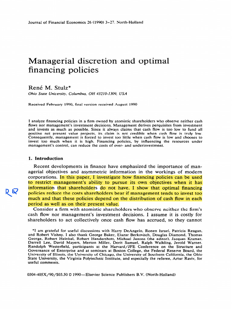 Managerial Discretion in Financing Policies | PDF | Net Present Value ...