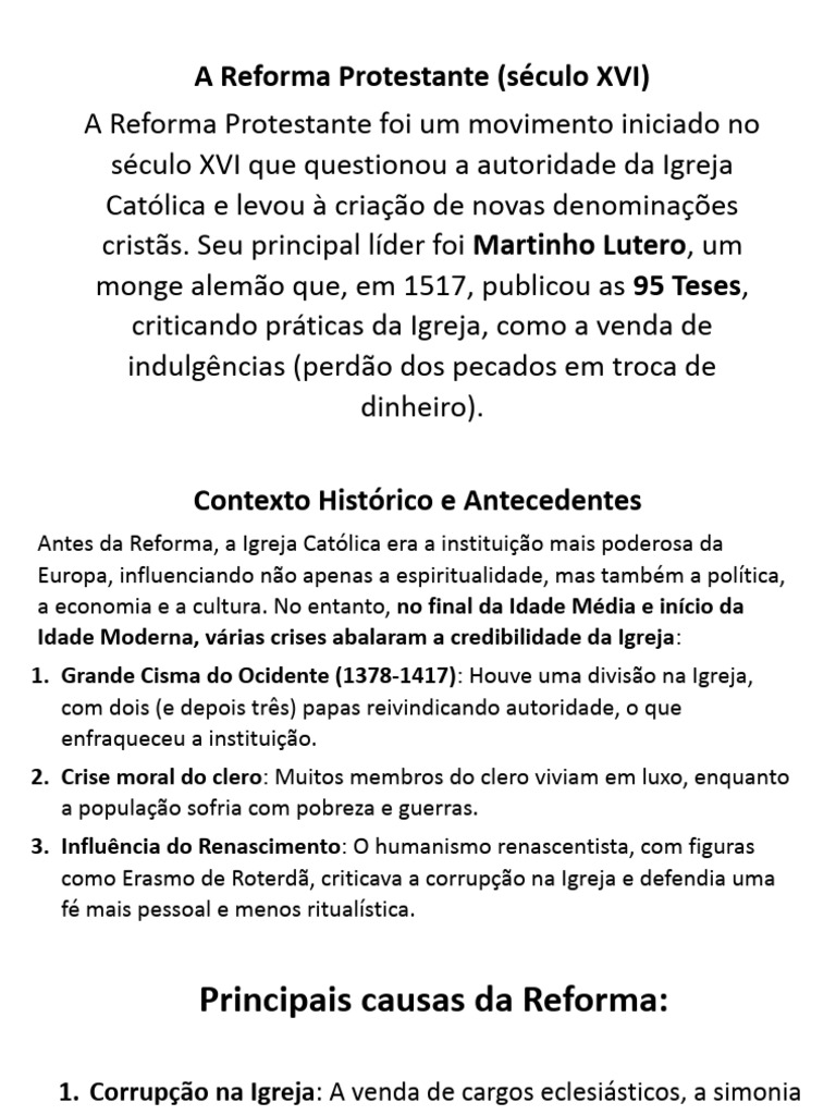 Causas e Consequências da Reforma Protestante | PDF | Protestantismo ...