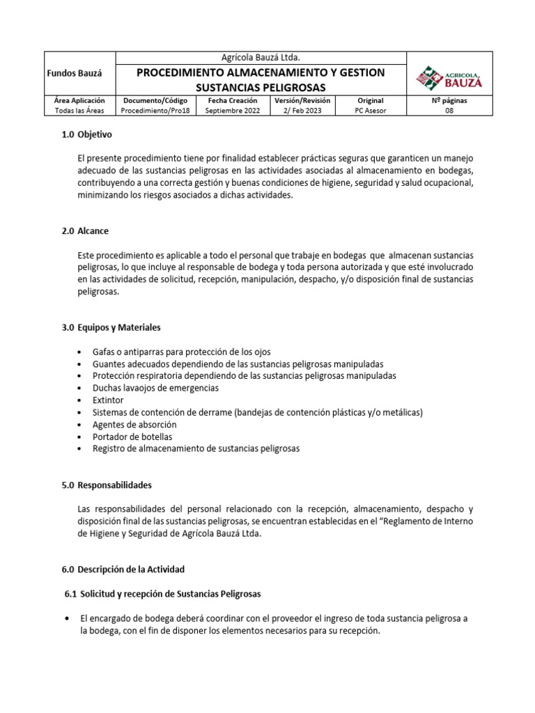 Pro18. - Procedimiento Almacenamiento Sustancias Peligrosas Feb-23 | PDF