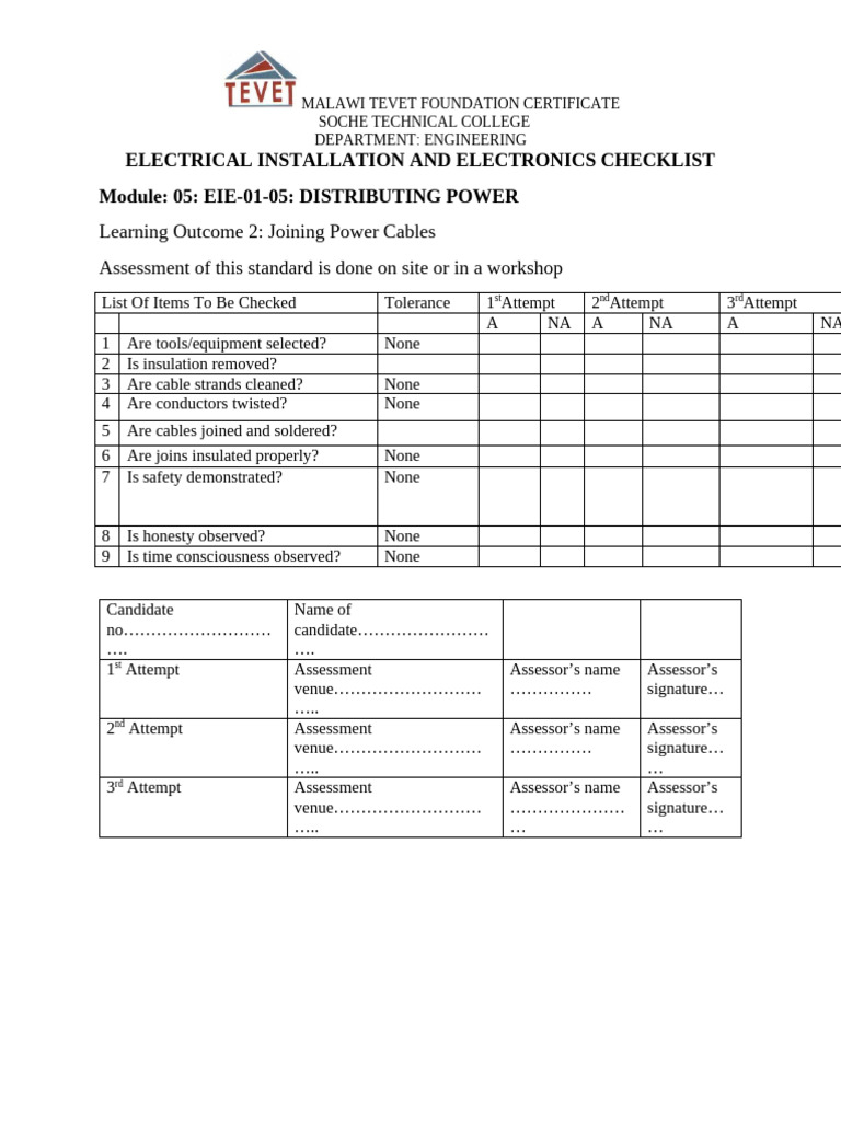 Electrical Installation Assessment Checklist | PDF
